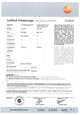 05200021 | Certificat d'étalonnage en température pour sonde 06022693 (0 / 150 / 300 °C) 
