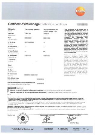 05200001 | Certificat d'étalonnage ISO en température pour sondes d'ambiance / d'immersion (-18, 0, 60°C)