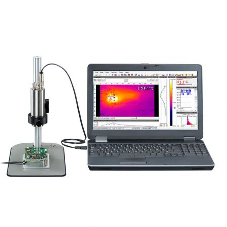 OPTXI40LT-F20CFK | Caméra thermique XI400 avec objectif microscope (IFOV 90 µm), système de fixation, statif ESD et logiciel