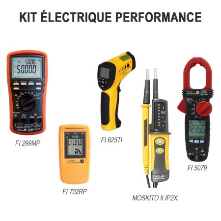 KIT-ELEC-PERFORMANCE | KIT Multimètre 1000 V CAT IV + Pince 600 A CA+CC Ø35 mm + Indicateur rotation de phase + VAT + Thermomètre infrarouge