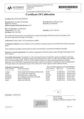 E36104A-UK6 | Certificat d'étalonnage avec données de test pour E36104A 